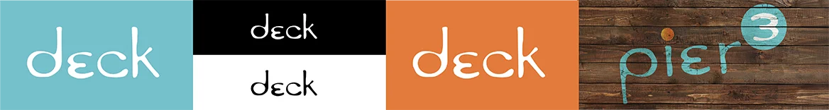 Composição do sistema de identidade do Deck: logo principal em cores, logo em preto e branco e logo aplicado em madeira. Pier 3 aparece como variação controlada dentro do mesmo sistema.