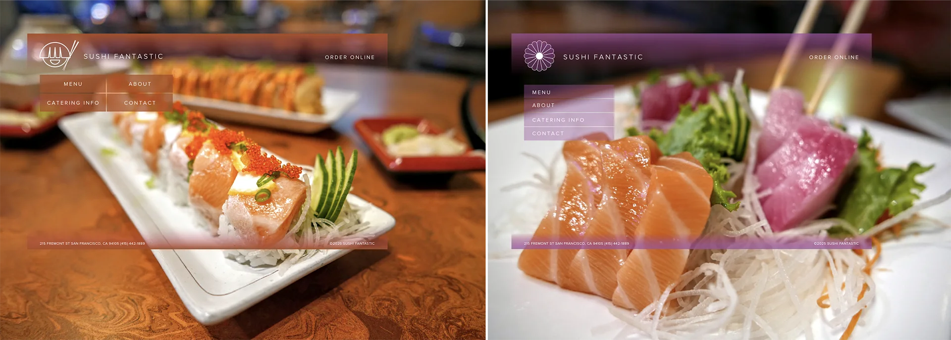 Composições de prova de conceito da página inicial — direções com sushi sorridente e crisântemo